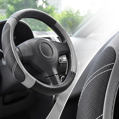 Elantrip Microfiber Leather Steering Wheel Cover for 14.5" to 15" Wheels, Soft Padded Grip, Textured Anti-Slip Inner Lining, Breathable Comfort for Cars, SUVs and Trucks, Black/Gray
