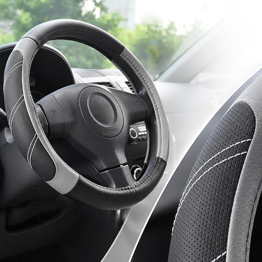 Elantrip Microfiber Leather Steering Wheel Cover for 14.5" to 15" Wheels, Soft Padded Grip, Textured Anti-Slip Inner Lining, Breathable Comfort for Cars, SUVs and Trucks, Black/Gray