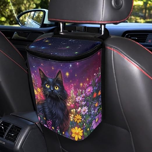 Talayituse Cat Daisy Galaxy Print Car Trash Can with Lid, Leak Proof Auto Trash Bag Hanging Vehicle Garbage Can Multipurpose Storage Container for Back Seat Road Trip