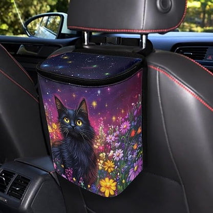 Talayituse Cat Daisy Galaxy Print Car Trash Can with Lid, Leak Proof Auto Trash Bag Hanging Vehicle Garbage Can Multipurpose Storage Container for Back Seat Road Trip