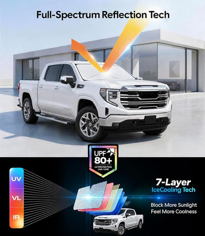 Wigoo Windshield Sun Shade Umbrella for GMC Sierra 1500/2500/3500 2019-2026 [100% Sun Blockage, Ice Cooling Fabric] Foldable Front Window Sunshade for GMC Sierra 1500/2500/3500 2019-2026