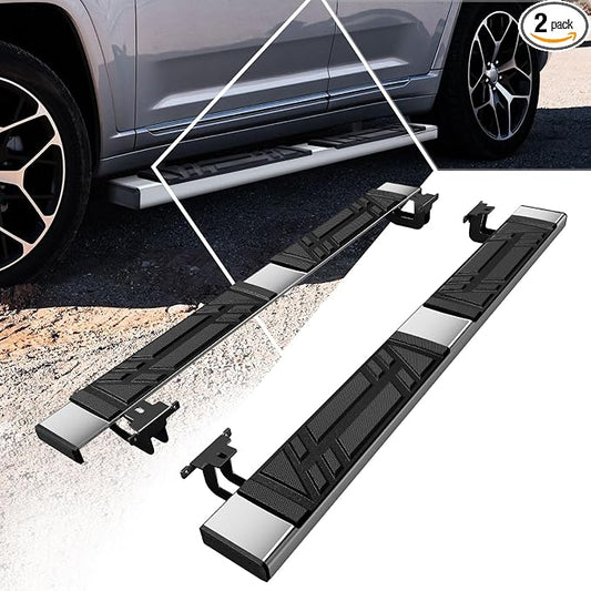 PM PERFORMOTOR 6.5" Running Boards Compatible with 2011-2023 Jeep Grand Cherokee Dodge Durango, Pair of Stainless Steel Side Rails Step Bars with 4 Pcs Brackets, Polished Chrome/Black