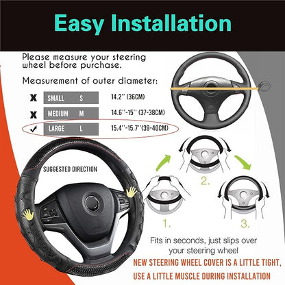 PINCTROT Large Size Steering Wheel Cover Great Grip with 3D Honeycomb Anti-Slip Design, 15.5-15.75 Inch (Black/Red Stitch)