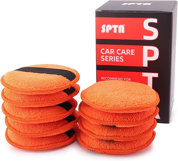 SPTA Microfiber Applicator Pads, 9Pcs 5 inch Car Wax Applicator Hand Polishing Microfiber Foam Pads Set with Grip of Elastic Band, Microfiber Buffing Cleaning Pads for Car Polish Applying Wax