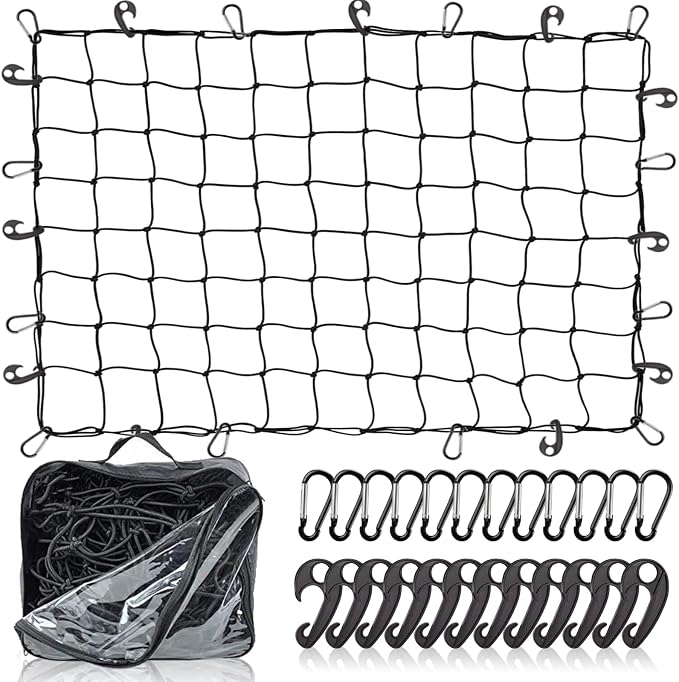 Natural Latex Core Cargo Net for Car SUV Roof Rack | 3'x4' Stretches to 6'x8' Small Bungee Net for Pickup Bed | 12 Carabiners + 12 Hooks | Tight 4”x4” Mesh for Ford, Dodge, Chevy, Toyota