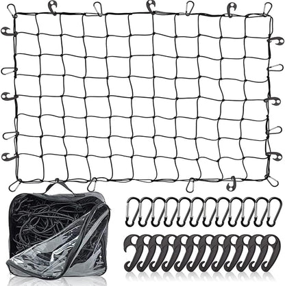 Natural Latex Core Cargo Net for Car SUV Roof Rack | 3'x4' Stretches to 6'x8' Small Bungee Net for Pickup Bed | 12 Carabiners + 12 Hooks | Tight 4”x4” Mesh for Ford, Dodge, Chevy, Toyota