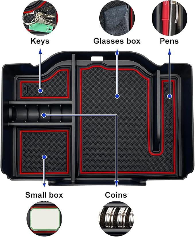 Center Console Organizer fit for Dodge RAM 1500 2500 3500 2025 2024 2023 2022 2021 2020 2019 Accessories Interior Storage Box Armrest Storage Tray (Red) NOT FIT for 40/20/40 Split Bench Seat