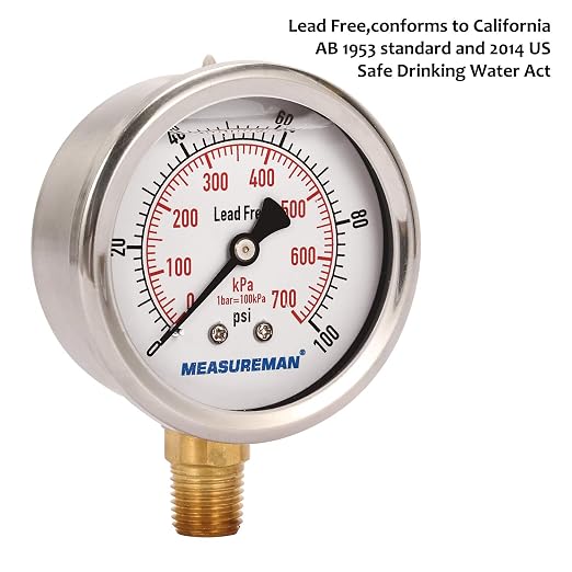MEASUREMAN Lead-Free Pressure Gauge, 2-1/2inch Dial, Glycerin Filled, 0-100psi/kpa, Stainless Steel Case, 1/4inchNPT Lower Mount