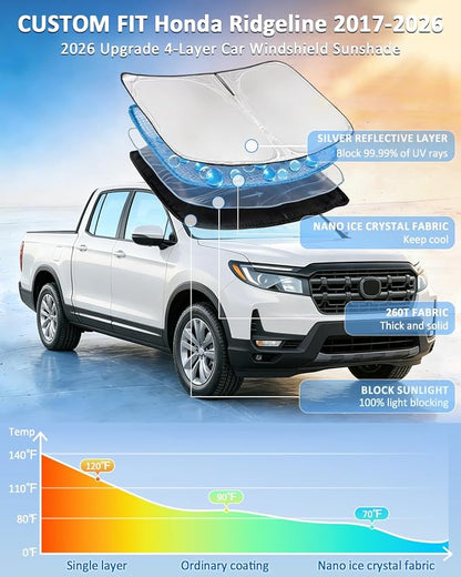 for Honda Ridgeline 2017-2025 2026 Windshield Sun Shade - 4 Layers Car Sunshades for Front Windows Shade Cover Custom Fit Ridgeline Sun Visor 250T Retractable Shade Blocks UV Rays Car Accessories