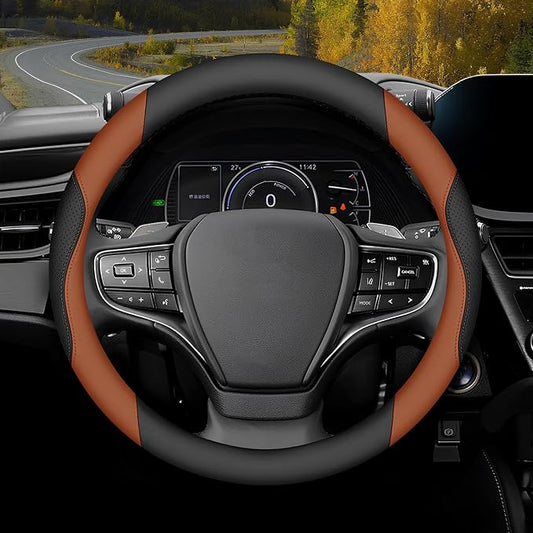 Steering Wheel Cover Universal Standard Size 14.5-15 inch, Non-Folding Packaging, Microfiber Leather, Anti-Slip, Soft Grip, Sporty Design, Fits for Cars SUVs Trucks, Black and Orange