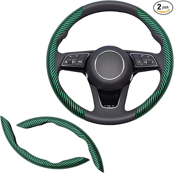 2pcs Universal Fit Carbon Fiber Steering Wheel Cover, Anti-Skid Steering Wheel Cover/Segmented Steering Wheel Protector/Car Interior Accessories (Bright Green)