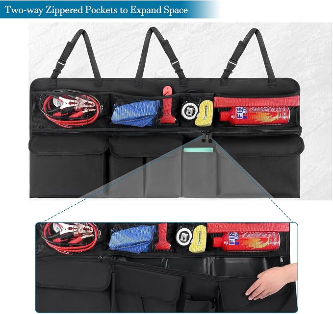 Car Trunk Organizer, Upgraded Version Expand Space Hanging Trunk Organizer with Adjustable Straps, Collapsible Waterproof Suv Trunk Organizers, Sturdy Space Saver Frees for SUV, Truck