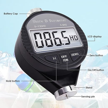 Shore D Hardness Tester Meter Portable 0-100HD Digital Durometer D for Rubber, Tire, Plastic, Thermal Plastic, Flooring, Bowling Ball with Large LCD Display