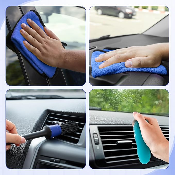 16 Pcs Windshield Cleaner Tool, Car Cleaning Kit with Various Detailing Brushes Set Spray Bottle Cleaner Towel Cleaning Gel Accessories Car Interior Detailing Kit for Windows Vents(Blue)