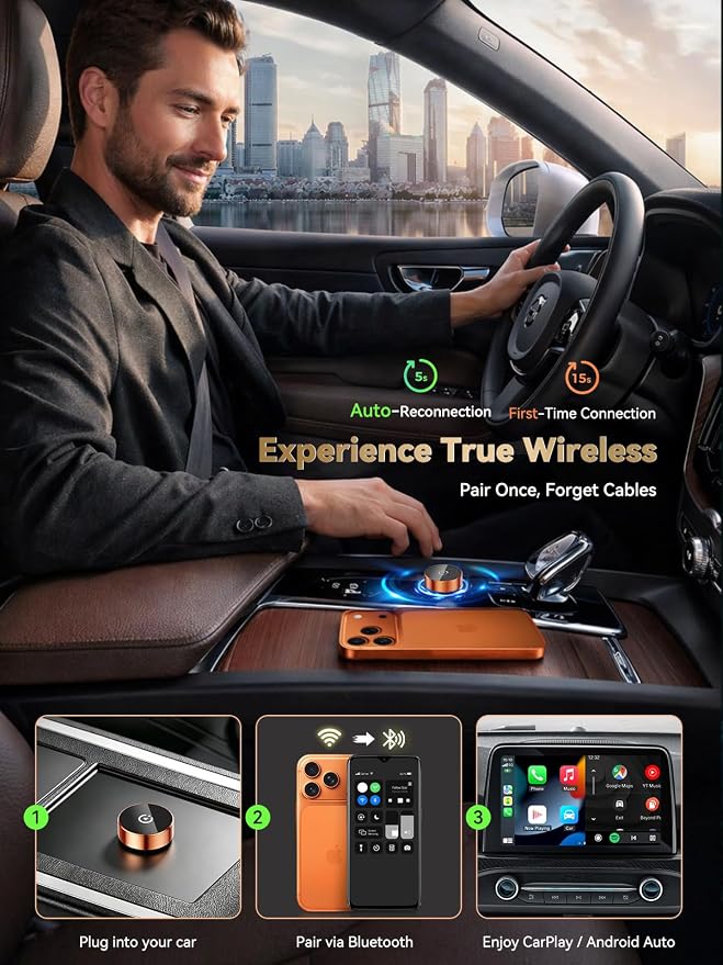 2026 Wireless CarPlay & Android Auto Adapter, 2-in-1 Mini Adapter for iPhone & Android, for USB-A/USB-C, Plug & Play, Fast Auto Reconnect, Low Latency, Converts Wired to Wireless for Cars After 2016