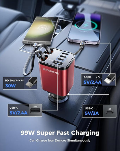 [Upgraded] 4 in 1 Retractable Car Charger, SUPERONE Smaller Fast Car Phone Charger 69W with Cord, USB C and iPhone Car Charger Adapter, Compatible iPhone 17/17 Pro Max/16/15/14/13/12/11, Sumsung