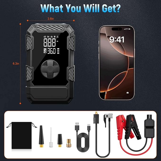 4000A Car Jumper Starter Portable with Air Compressor, 12V Battery Jump Starter with Tire Pump 150PSI for 10L Gas Diesel Engines, Car Battery Jumper Box Pack Combo with LED Light, Father Day Gift