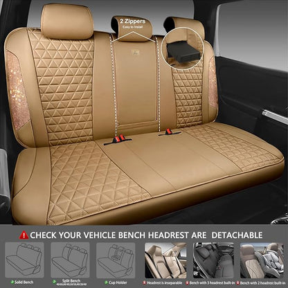 CAR PASS Bling Diamond Beige Leather Car Seat Covers Full Sets Interior Set, Waterproof Shining Glitter Sparkly Crystal Universal Armrest Fit for Automotive Truck SUV Cute Women Girl, Beige Rhinestone
