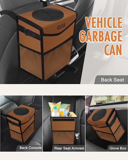 Pritent Car Trash Can with Lid, Cute Leakproof Car Trash Garbage Bag Hanging Vehicle Trash Bin Small Portable Automotive Garbage Cans Organizer for Back/Front Seat(Trapezoid,Brown)