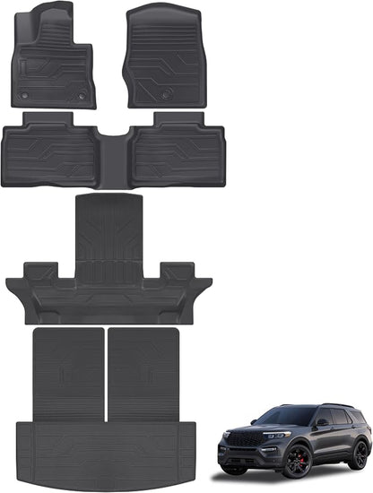 KARPAL Floor Mats for 2020-2026 Ford Explorer 6 & 7 Seats, Custom Fit TPE All Weather Ford Explorer Accessories 1st & 2nd & 3th Row Floor Liner & Trunk Mat with Backrest Mat