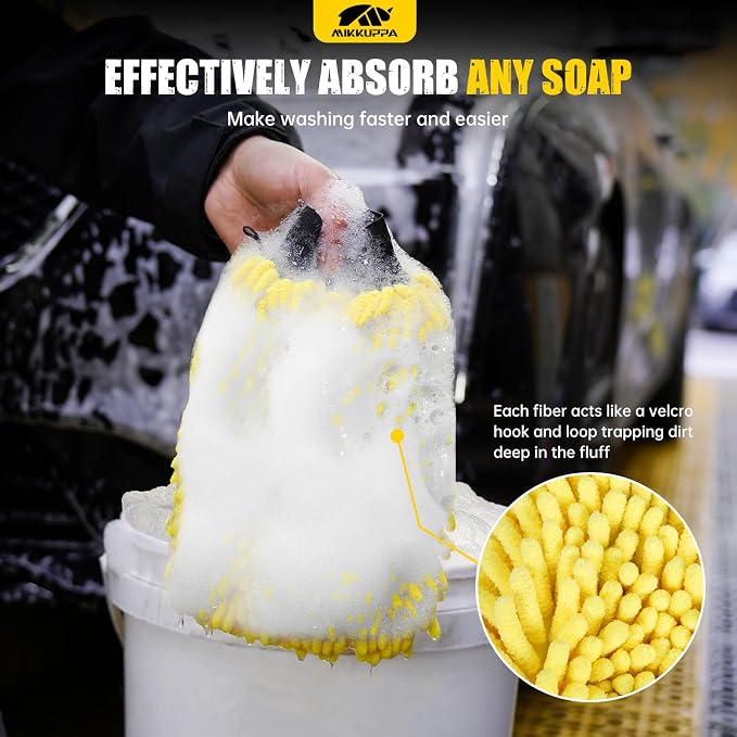 MIKKUPPA Car Wash Mitt Microfiber - Double-Sided Chenille Scratch Free Mitt with Waterproof Inner for Car Washing Home Cleaning (Yellow & Gray, 2Pack, 10'' x 7'')