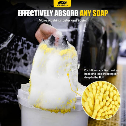 MIKKUPPA Car Wash Mitt Microfiber - Double-Sided Chenille Scratch Free Mitt with Waterproof Inner for Car Washing Home Cleaning (Yellow, 2Pack, 10'' x 7'')