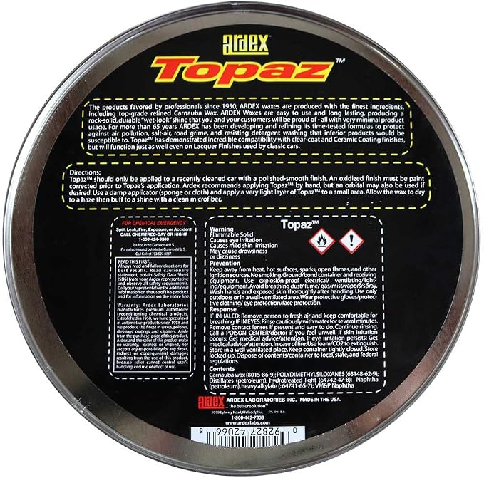 Ardex Topaz Paste Wax 4206 | Professional Car Detailing Paste Wax - Long-Lasting Shine & Protection - 16 oz Can | Made in USA
