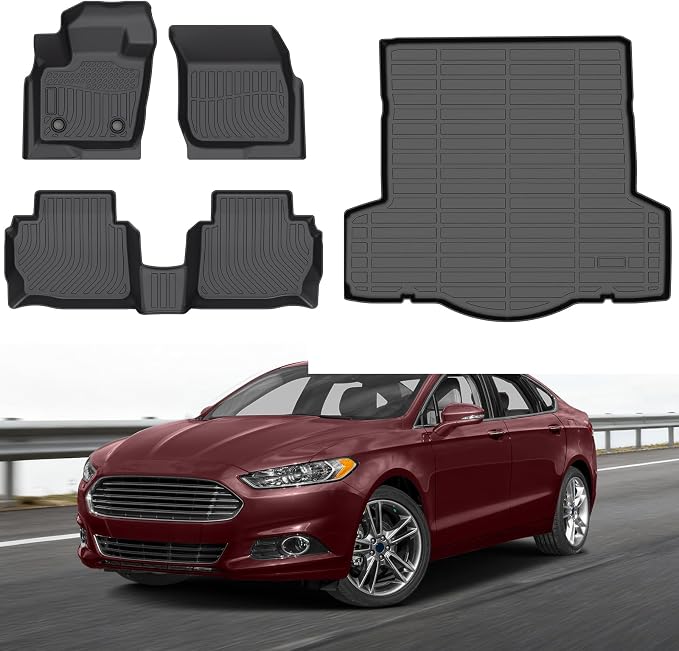 Floor Mats for Ford Fusion & Lincoln MKZ 2013-2016 Custom Fit Automotive Non-Slip Waterproof Floor Liner All Weather TPE Car Accessories Mats Set, Front & 2nd Row & Cargo Liner