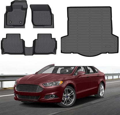 Floor Mats for Ford Fusion & Lincoln MKZ 2013-2016 Custom Fit Automotive Non-Slip Waterproof Floor Liner All Weather TPE Car Accessories Mats Set, Front & 2nd Row & Cargo Liner