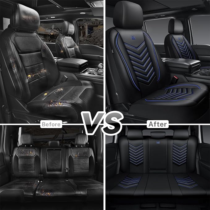 CAR PASS 3D Foam Faux Leather Seat Covers Full Set, Waterproof Leather Seat Cover for Cars, Luxury Universal Fit for SUV Truck Sedan Automotive, Armrest Airbag Compatible Anti-Slip, Black and Blue