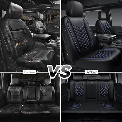 CAR PASS 3D Foam Faux Leather Seat Covers Full Set, Waterproof Leather Seat Cover for Cars, Luxury Universal Fit for SUV Truck Sedan Automotive, Armrest Airbag Compatible Anti-Slip, Black and Blue