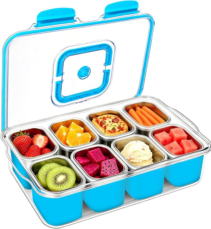 Snackle Box Container, Stainless Steel Divided Serving Tray with Lid and Handle, Large Snack Tray for Fruit Veggie Candy, 8-Compartment Snack Platter for Travel Beach Picnic,with Blue Silicone Sleeve