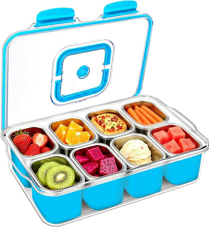 Snackle Box Container, Stainless Steel Divided Serving Tray with Lid and Handle, Large Snack Tray for Fruit Veggie Candy, 8-Compartment Snack Platter for Travel Beach Picnic,with Blue Silicone Sleeve