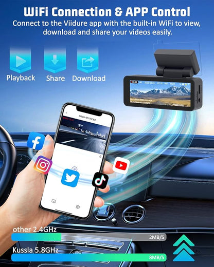 4K Dash Cam, 4K+2K Dash Cam Front and Rear W/ 5GHz WiFi & APP Control 64GB Included, 3.2" IPS Screen Car Dash Cam W/ 24H Parking Monitor, G-Sensor Night Vision, Loop Recording