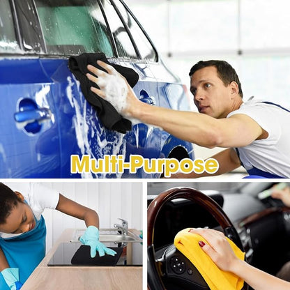 Shimeyao 30 Pcs Edgeless Microfiber Plush Towels for Cars Detailing Drying Wash Polishing Absorbent Cleaning Cloths, 500 GSM (16 x 16 Inch,Black,Yellow)