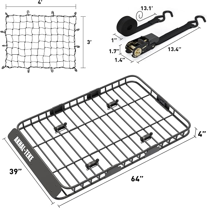 Roof Rack Basket, Upgraded 64"x 39"x 4" Roof Rack Cargo Carrier with 3' X 4' Super Duty Bungee Cargo Net, 2 pcs Ratchet Strap Fits for SUV Truck Cars