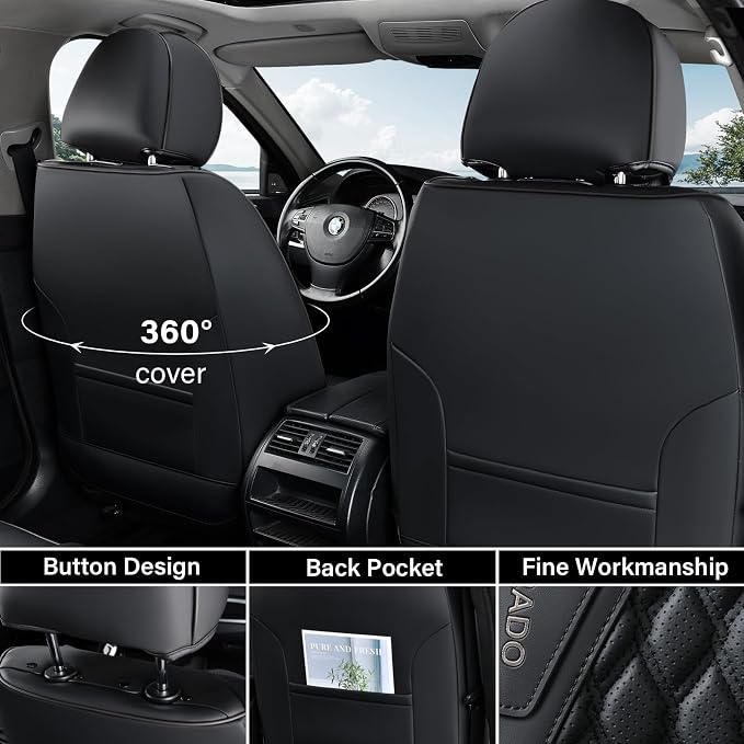 Coverado Car Seat Covers Full Set, 5 Seats Luxury Nappa Leather Seat Covers for Cars, Car Seat Cover Waterproof, Front and Back Car Seat Protector, Black Car Seat Covers Universal Fit for Most Cars