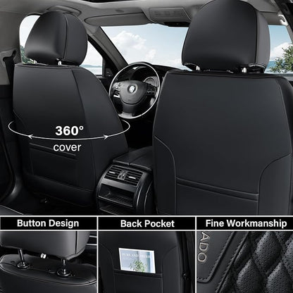 Coverado Car Seat Covers Full Set, 5 Seats Luxury Nappa Leather Seat Covers for Cars, Car Seat Cover Waterproof, Front and Back Car Seat Protector, Black Car Seat Covers Universal Fit for Most Cars