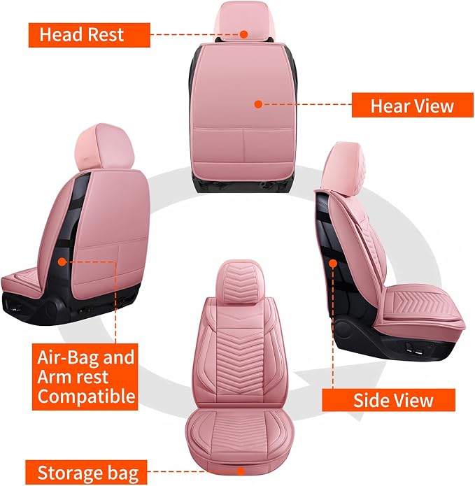 HChengkikz Nappa Leather Car Seat Covers Full Set, Pink Car seat Protector 5 Seats, Waterproof Car Seat Cushion, Universal Automotive Seat Covers Fit for SUV Truck Pick-up Sedan, Front and Rear