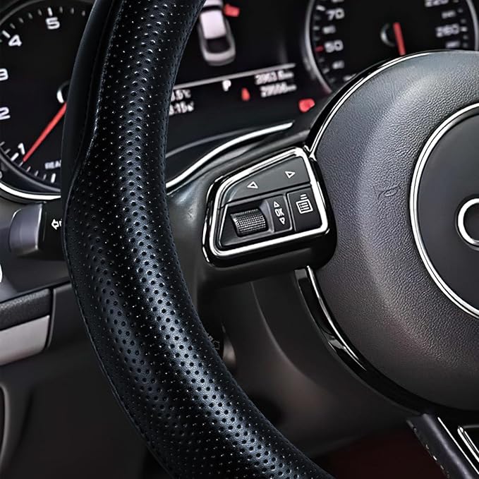 Haokay Heavy Duty Pure Cowhide Steering Wheel Cover, Genuine Leather Steering Cover with 15 Inches Universal Fit