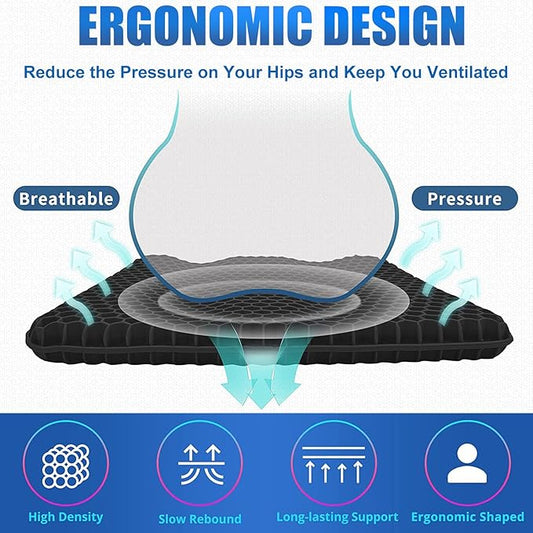 Gel Wheelchair Seat Cushion for Long Sitting - Cooling Office Chair Cushion for Sciatica, Back, Pressure Sore, Tailbone Pain Relief - Soft & Breathable Butt Pillow with Non-Slip Cover for Wheelchair