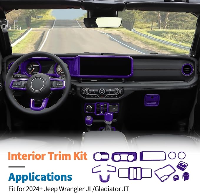 JeCar 14-Piece Purple Interior Accessories Trim Kit for 2024-2025+ Jeep Wrangler JL 4XE Gladiator JT- Center Console Dash Panel Interior Upgrade