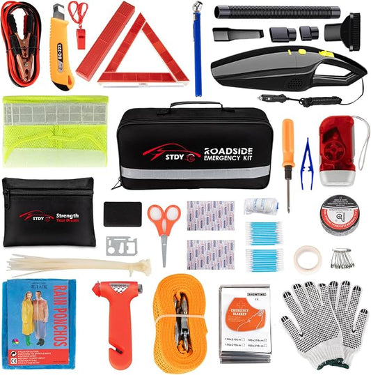 STDY Car Roadside Emergency Kit, Vehicle Truck Safety Road Side Assistance Kits Auto Accessory, with Jumper Cables, Car Vacuum, etc