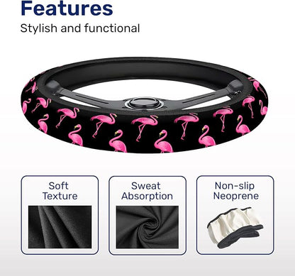 GENANY Pink Flamingo Steering Wheel Cover, Non Slip Polyester Car Wheel Protector for Car SUV Truck, Universal 15 Inch