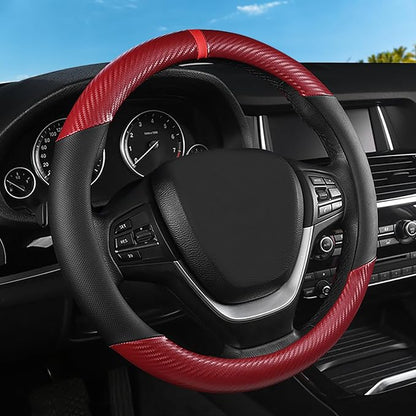 Black & Red Carbon Fiber Leather Steering Wheel Cover, 14.5-15 Inch Non-Slip Breathable Microfiber Leather Car Steering Wheel Protector for Men Women