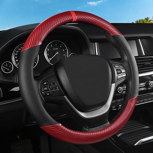 Black & Red Carbon Fiber Leather Steering Wheel Cover, 14.5-15 Inch Non-Slip Breathable Microfiber Leather Car Steering Wheel Protector for Men Women