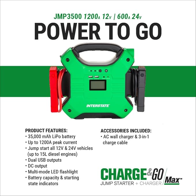 Interstate Batteries 24V, 12V Jump Starter and Charger 1200A, 600A (35,000mAH, 35Ah) Portable LED LiFePo4 Jumpstart Battery Power Pack for Automotives, USB Electronics (JMP3500)