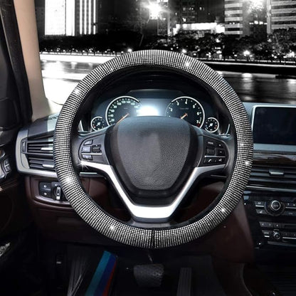 Valleycomfy Steering Wheel Cover for Women Men Bling Bling Crystal Diamond Sparkling Car SUV Wheel Protector Universal Fit 15 Inch (Black with White Diamond,Standard Size(14" 1/2-15" 1/4))