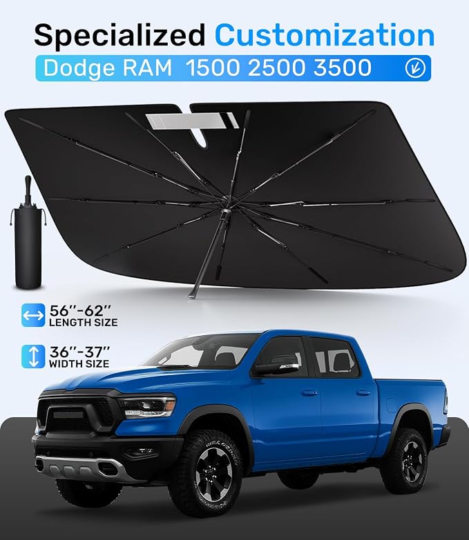 Zanch Upgrade Windshield Sun Shade, Custom Fit for Dodge RAM 1500 2500 3500 [Titanium-Silver Reflective Coating] Blocks 99% UV & Heat, Sunshade Umbrella for RAM 1500 2500 3500, 2015...2023 2024 2025
