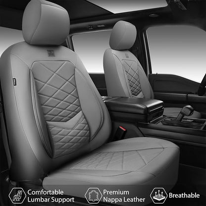 CAR PASS Luxury Nappa Leather Seat Covers Full Set, Water Resistant Faux Leather Seat Cover with Lumbar Support, Breathable Automotive Seat Covers Universal Fit for Sedan SUV Van Truck, Pure Gray